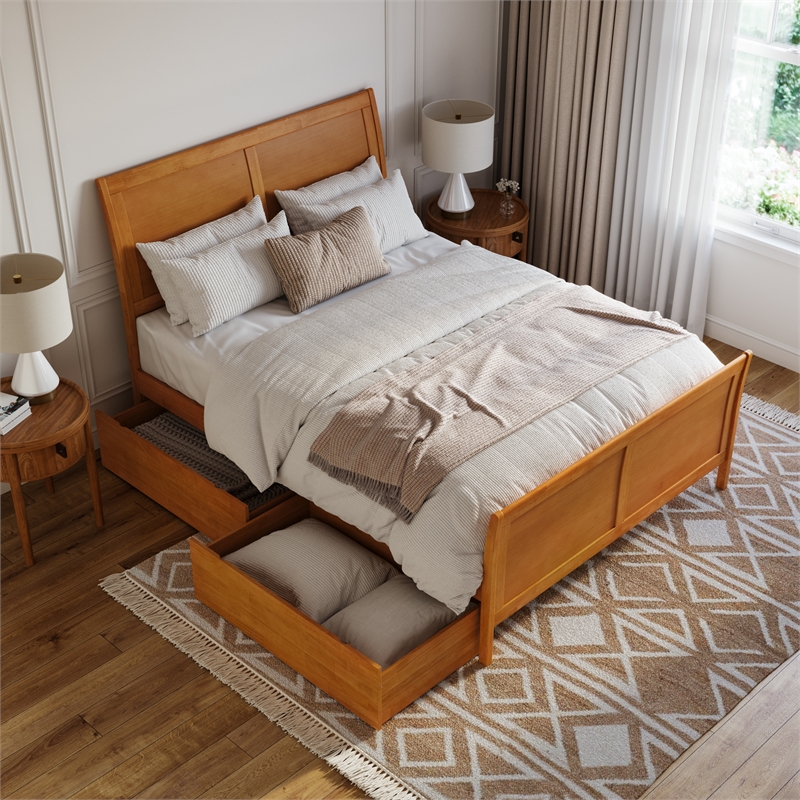 Portland Queen Storage Wood Platform Bed with Matching Footboard in Light Toffee