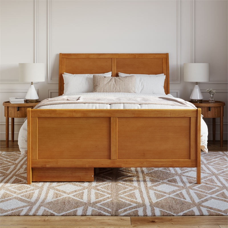 Portland Queen Storage Wood Platform Bed with Matching Footboard in Light Toffee