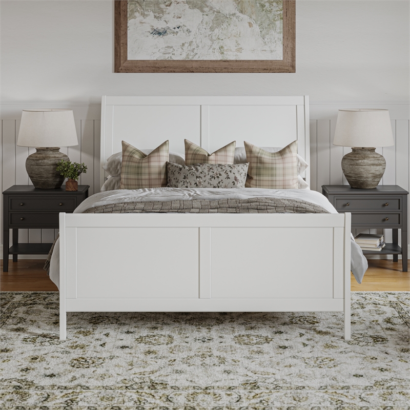 Portland Queen Wood Low Profile Platform Bed with Matching Footboard in White