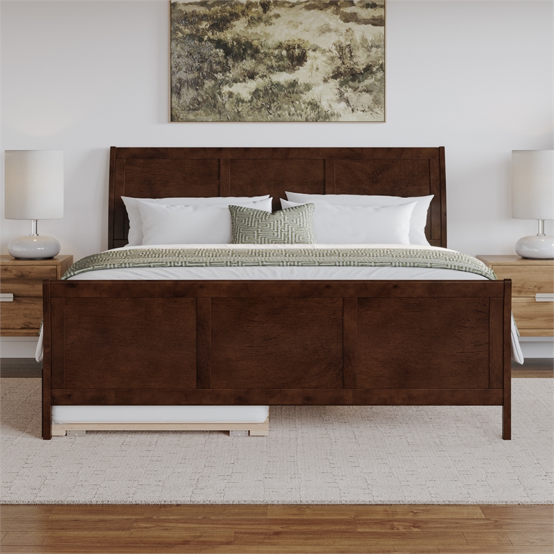 Portland King Wood Platform Bed with Matching Footboard & Trundle in Walnut