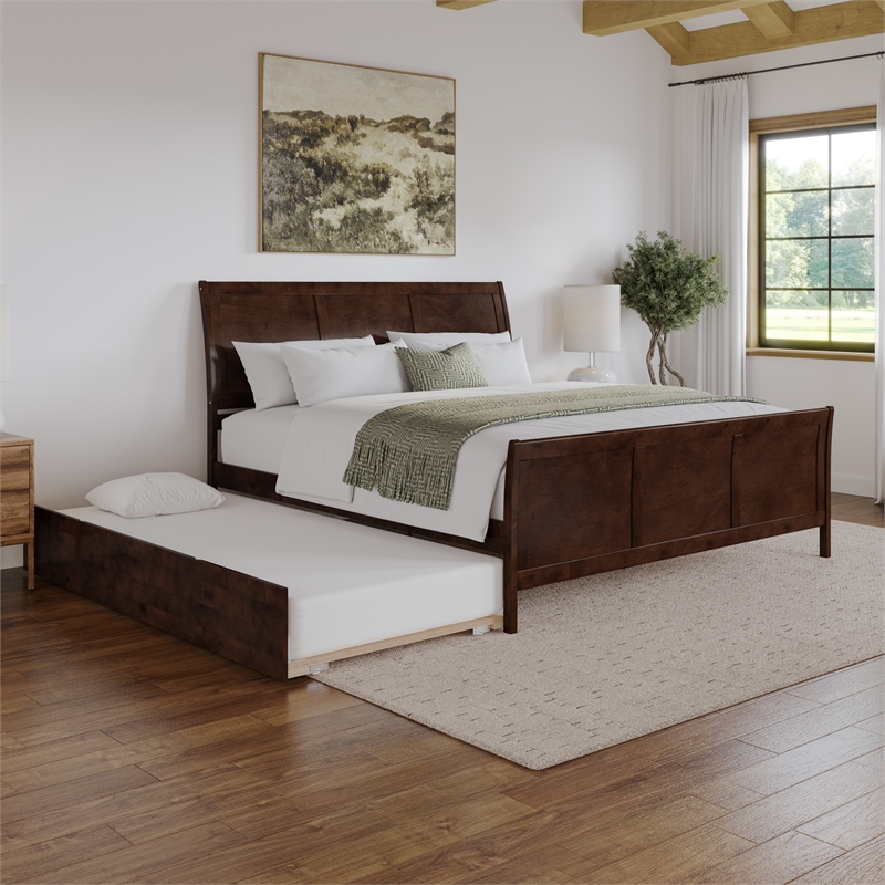 Portland King Wood Platform Bed with Matching Footboard & Trundle in Walnut