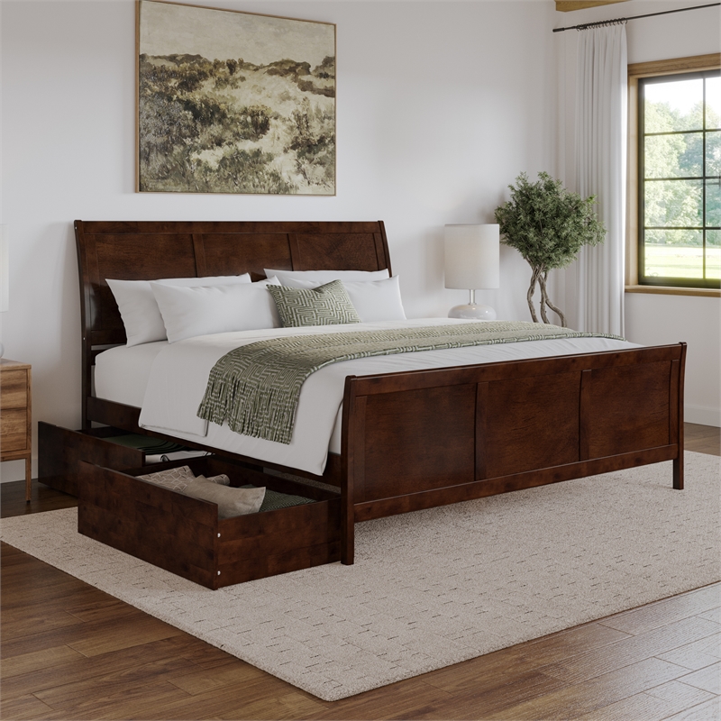 Portland King Storage Wood Platform Bed with Matching Footboard in Walnut