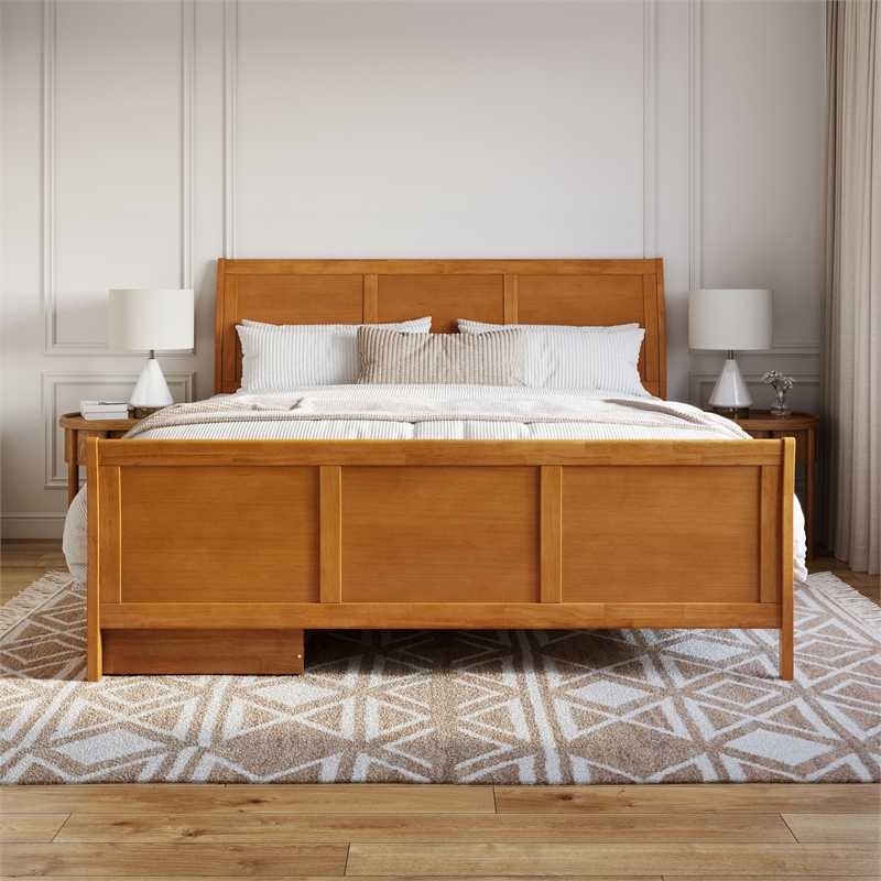 Portland King Storage Wood Platform Bed with Matching Footboard in Light Toffee