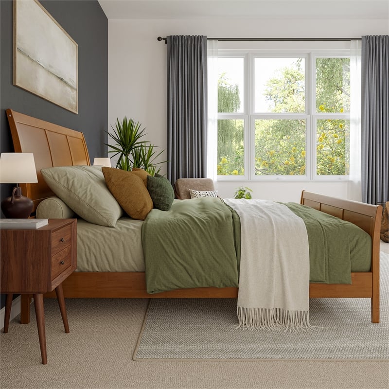 Valencia King Low Wood Platform Bed with Matching Footboard in Light Toffee