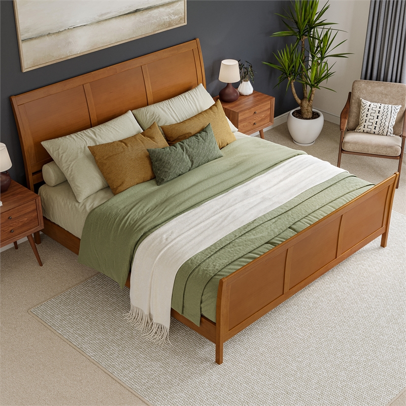 Valencia King Low Wood Platform Bed with Matching Footboard in Light Toffee