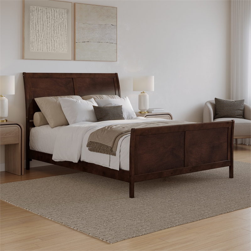Portland Queen Wood Low Profile Platform Bed with Matching Footboard in Walnut