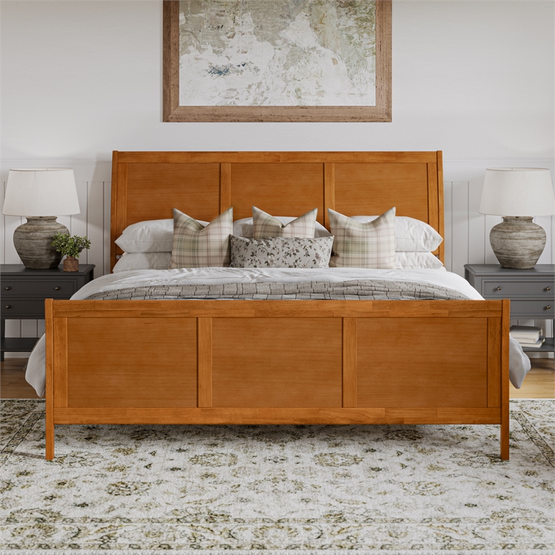 Portland King Wood Low Platform Bed with Matching Footboard in Light Toffee