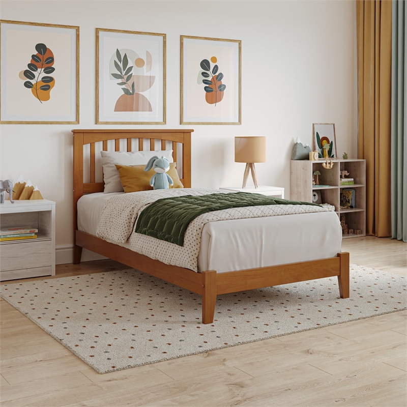 Mission Twin XL Solid Wood Low Profile Platform Bed in Light Toffee