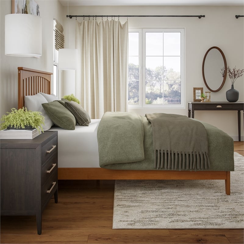 Mission Queen Solid Wood Low Profile Platform Bed in Light Toffee