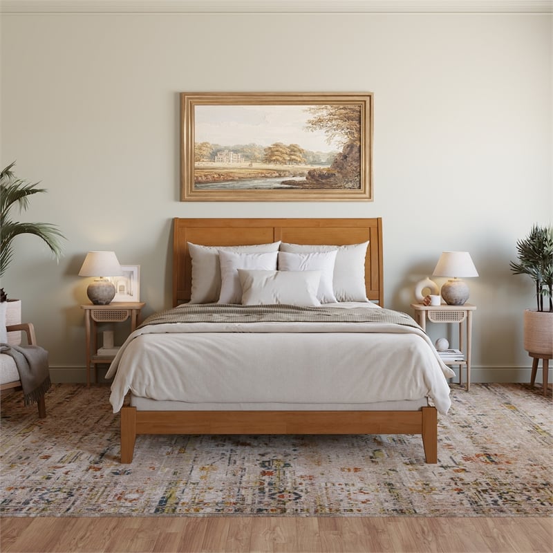 Portland Queen Solid Wood Low Profile Platform Bed in Light Toffee