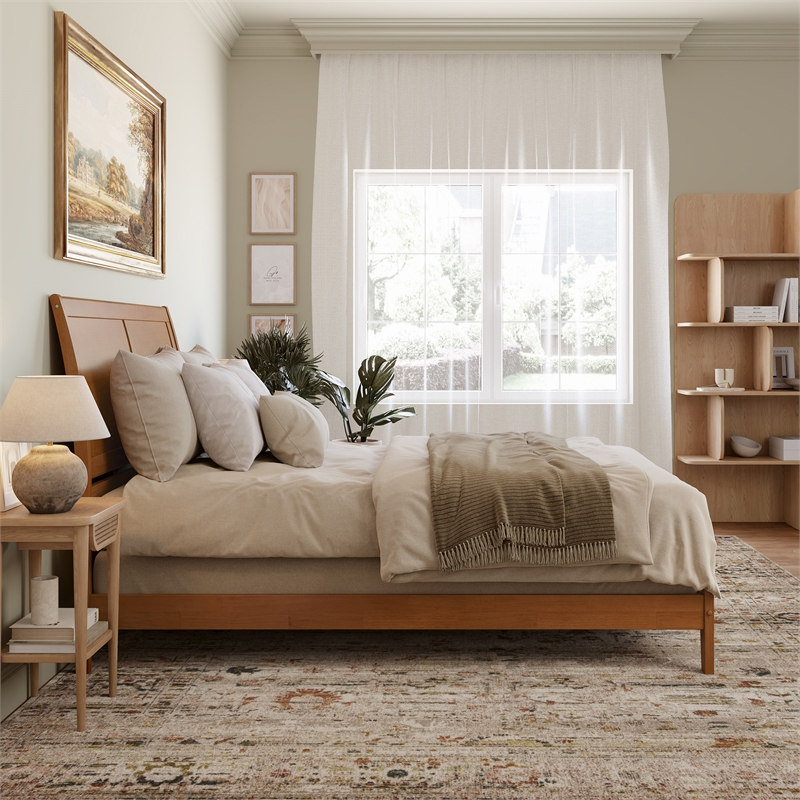 Portland Queen Solid Wood Low Profile Platform Bed in Light Toffee