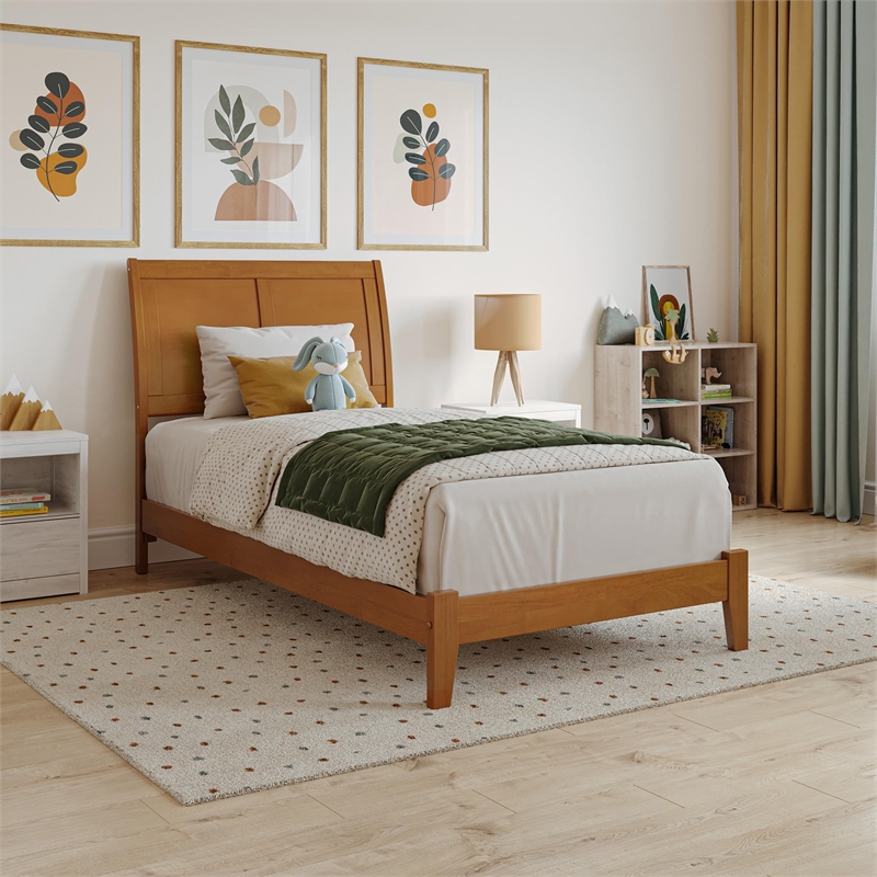 Portland Twin XL Solid Wood Low Profile Platform Bed in Light Toffee