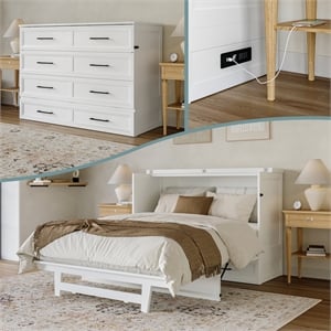 Tucson Full Wood Murphy Bed Chest with Mattress Drawer & Charger in White