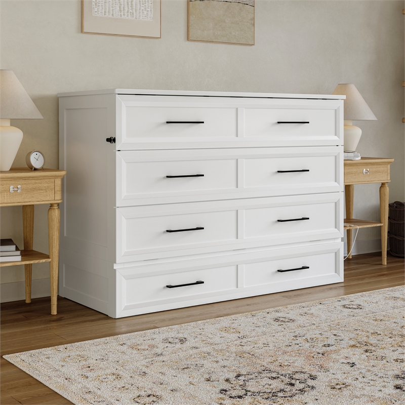 Tucson Full Wood Murphy Bed Chest with Mattress Drawer & Charger in White