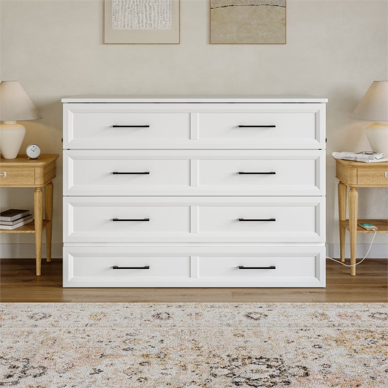 Tucson Full Wood Murphy Bed Chest with Mattress Drawer & Charger in White