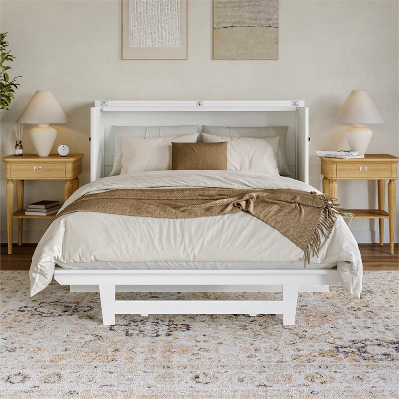 Tucson Full Wood Murphy Bed Chest with Mattress Drawer & Charger in White