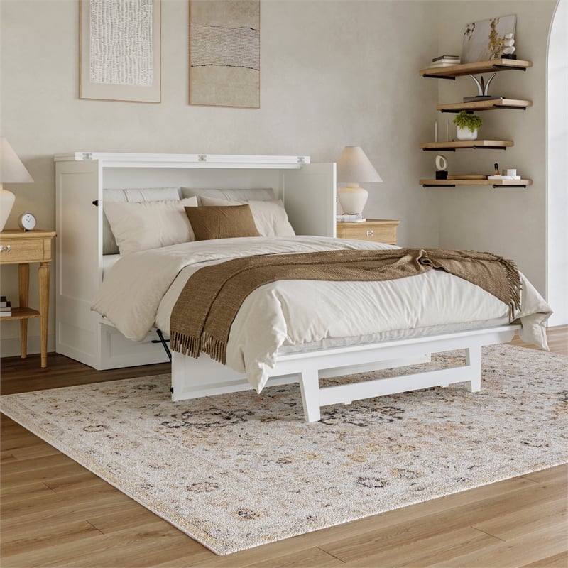 Tucson Full Wood Murphy Bed Chest with Mattress Drawer & Charger in White