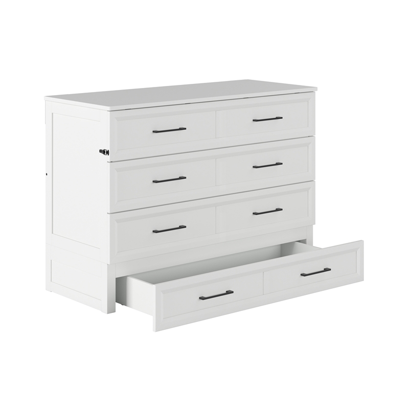 Tucson Full Wood Murphy Bed Chest with Mattress Drawer & Charger in White
