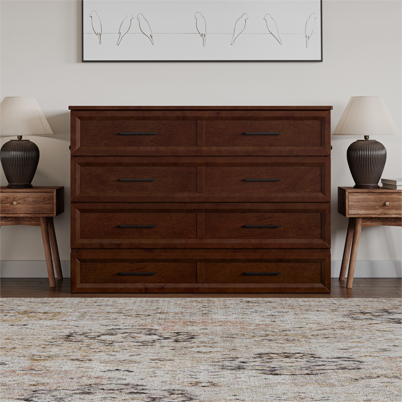 Tucson Full Wood Murphy Bed Chest with Mattress Drawer & Charger in Walnut