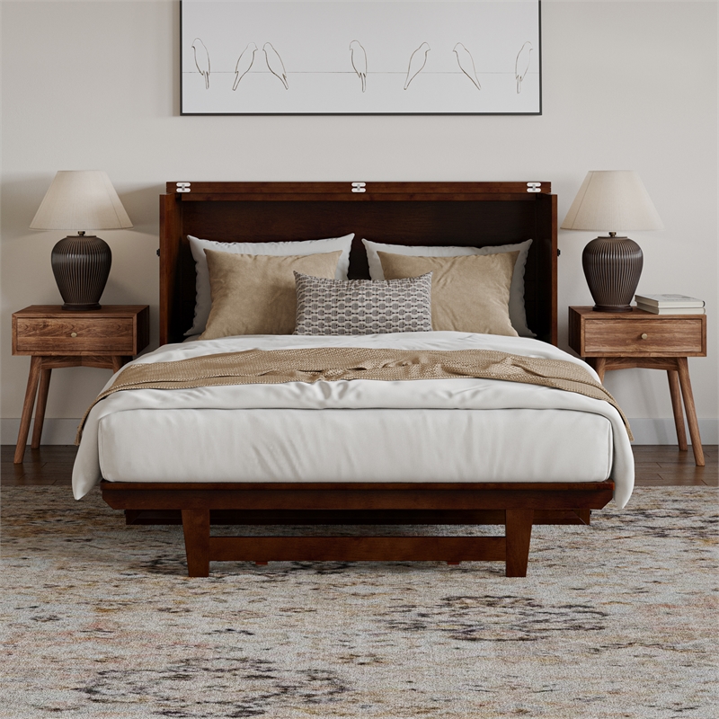 Tucson Full Wood Murphy Bed Chest with Mattress Drawer & Charger in Walnut