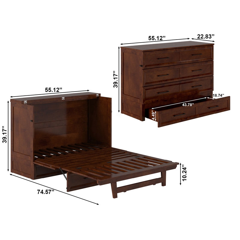 Tucson Full Wood Murphy Bed Chest with Mattress Drawer & Charger in Walnut