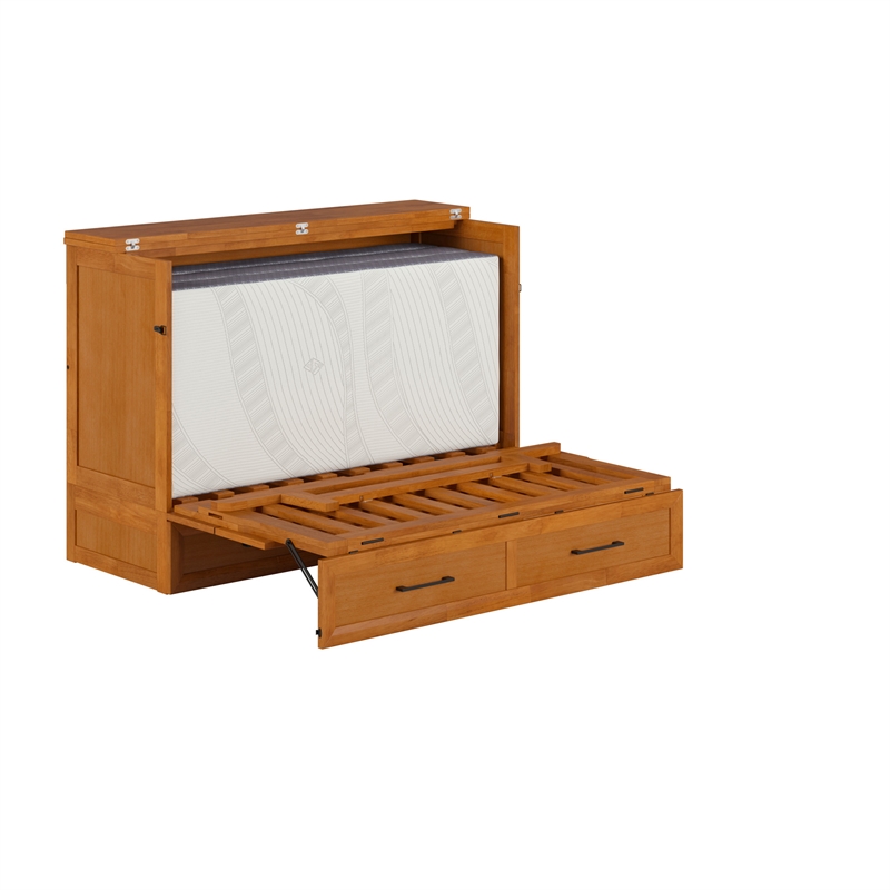 Tucson Full Wood Murphy Bed Chest with Mattress Drawer & Charger in Toffee