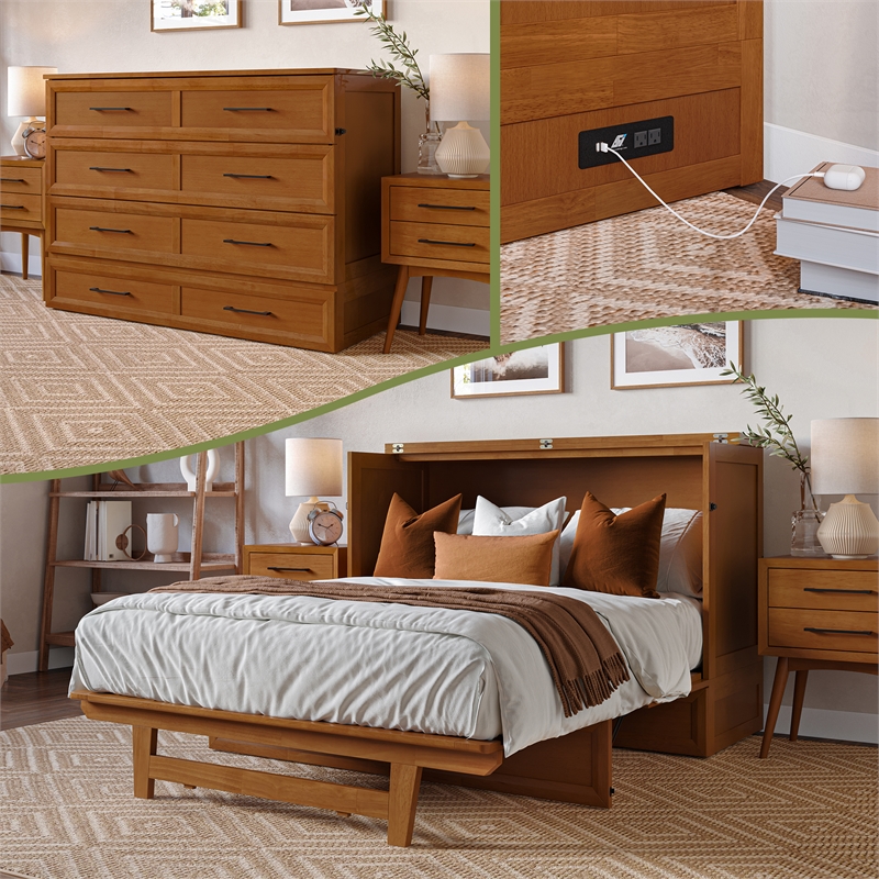 Tucson Full Wood Murphy Bed Chest with Mattress Drawer & Charger in Toffee