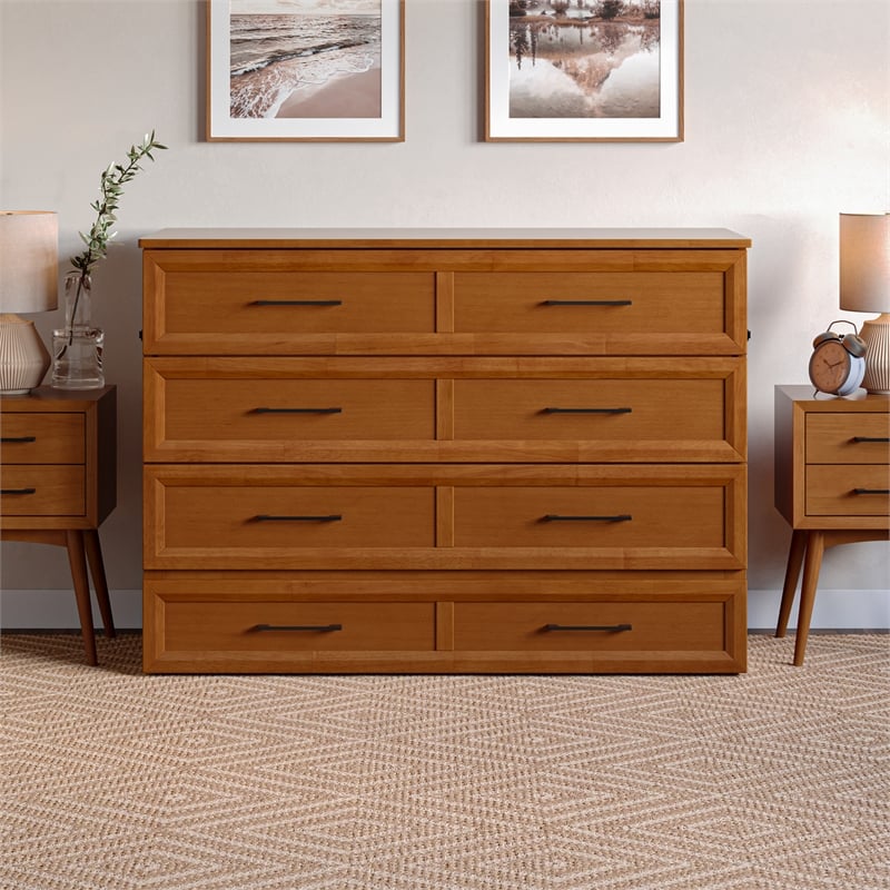 Tucson Full Wood Murphy Bed Chest with Mattress Drawer & Charger in Toffee