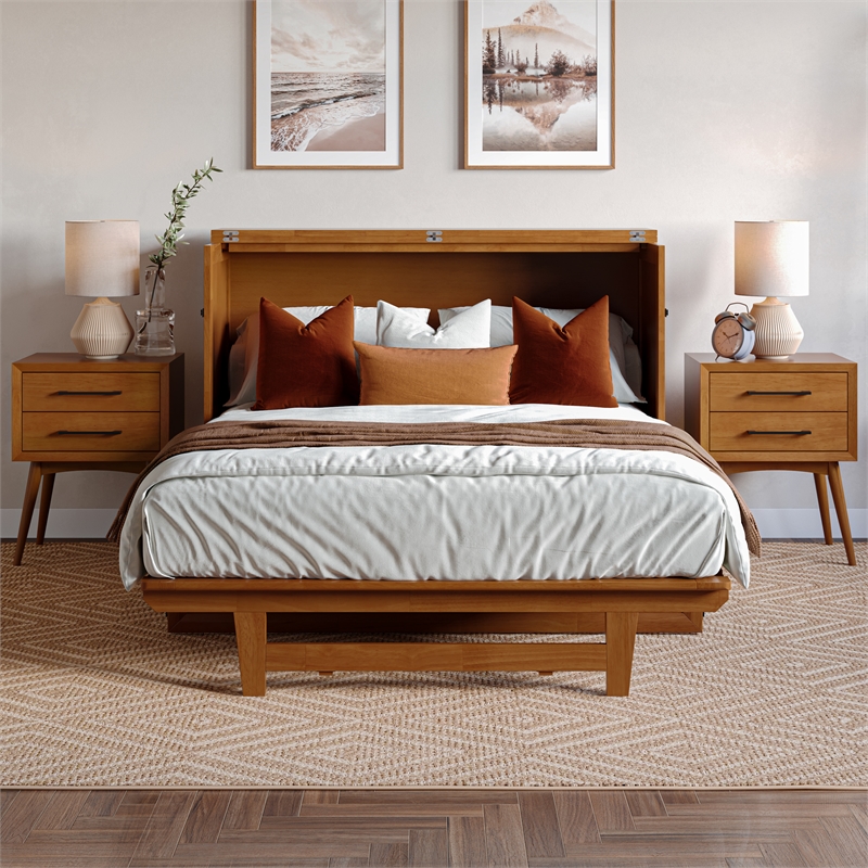 Tucson Full Wood Murphy Bed Chest with Mattress Drawer & Charger in Toffee