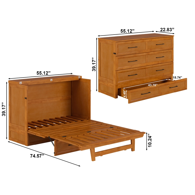 Tucson Full Wood Murphy Bed Chest with Mattress Drawer & Charger in Toffee