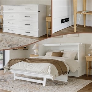 Tucson Queen Wood Murphy Bed Chest with Mattress Drawer & Charger in White