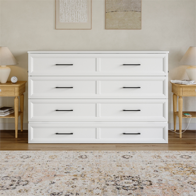 Tucson Queen Wood Murphy Bed Chest with Mattress Drawer & Charger in White