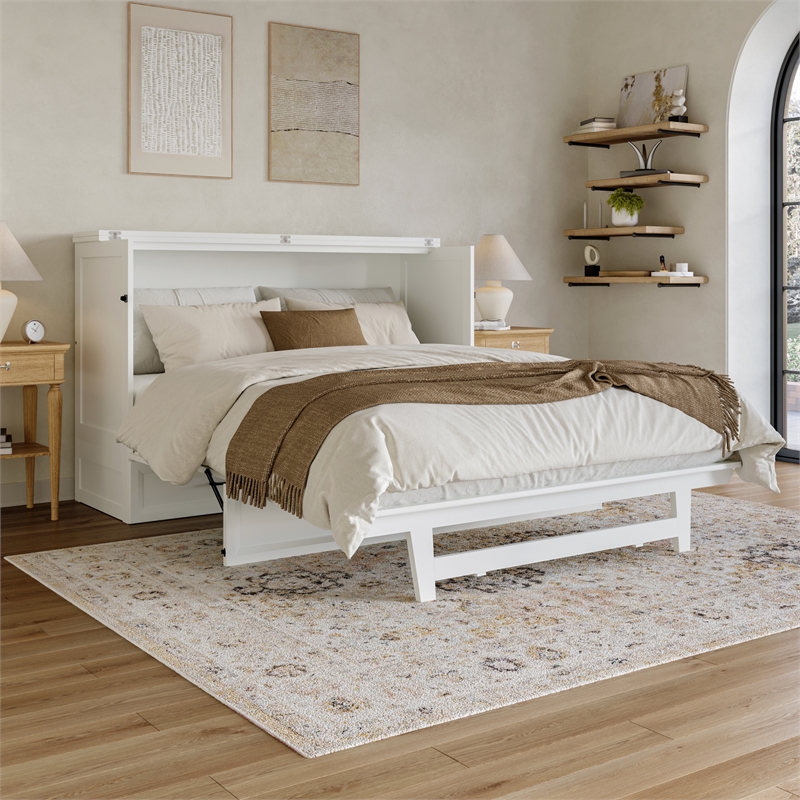Tucson Queen Wood Murphy Bed Chest with Mattress Drawer & Charger in White