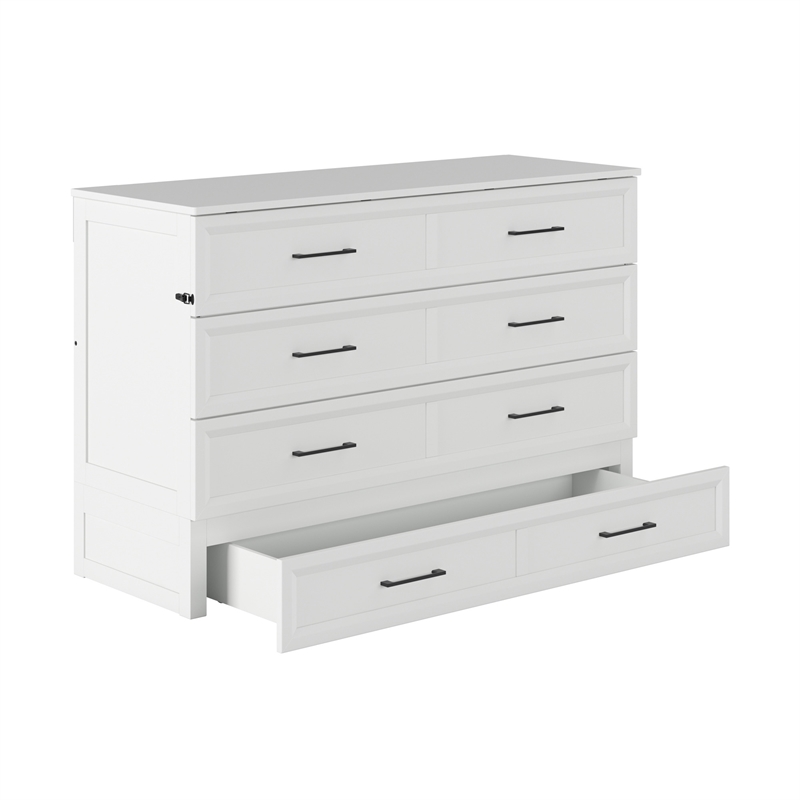 Tucson Queen Wood Murphy Bed Chest with Mattress Drawer & Charger in White