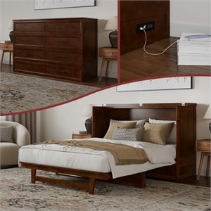Tucson Queen Wood Murphy Bed Chest with Mattress Drawer & Charger in Walnut
