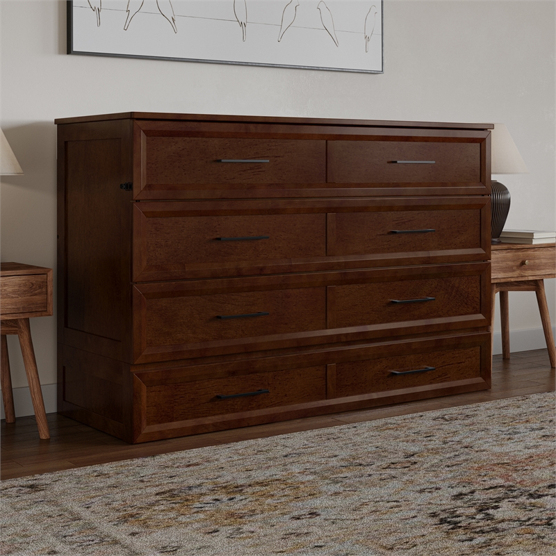 Tucson Queen Wood Murphy Bed Chest with Mattress Drawer & Charger in Walnut