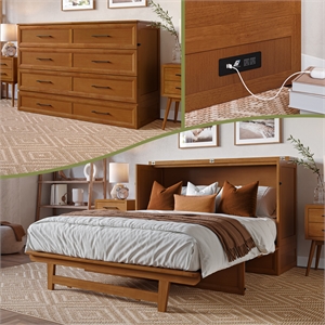 Tucson Queen Wood Murphy Bed Chest with Mattress Drawer & Charger in Toffee