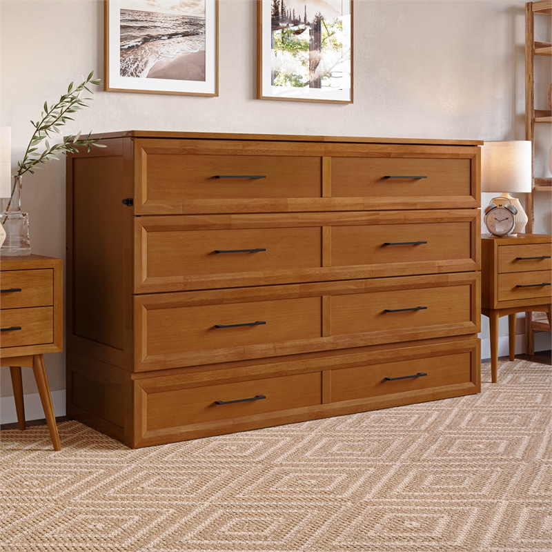 Tucson Queen Wood Murphy Bed Chest with Mattress Drawer & Charger in Toffee