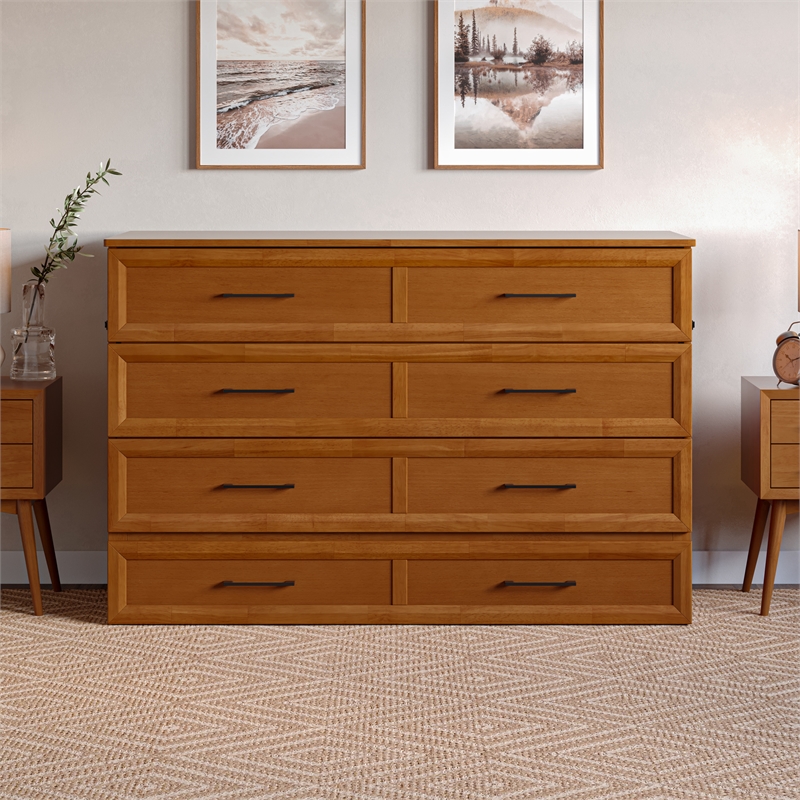 Tucson Queen Wood Murphy Bed Chest with Mattress Drawer & Charger in Toffee