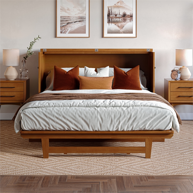 Tucson Queen Wood Murphy Bed Chest with Mattress Drawer & Charger in Toffee