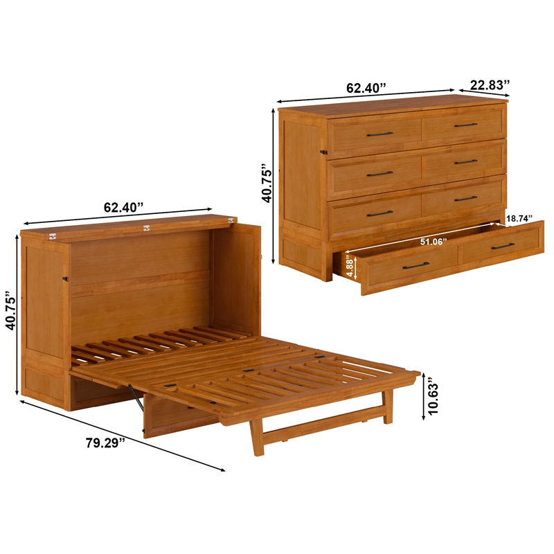 Tucson Queen Wood Murphy Bed Chest with Mattress Drawer & Charger in Toffee