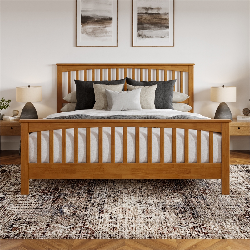 Camilla King Wood Low Profile Platform Bed w/ Matching Footboard in Light Toffee