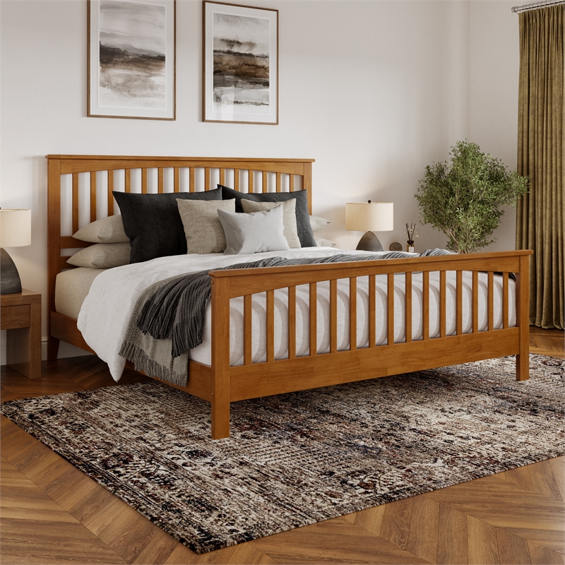 Camilla King Wood Low Profile Platform Bed w/ Matching Footboard in Light Toffee