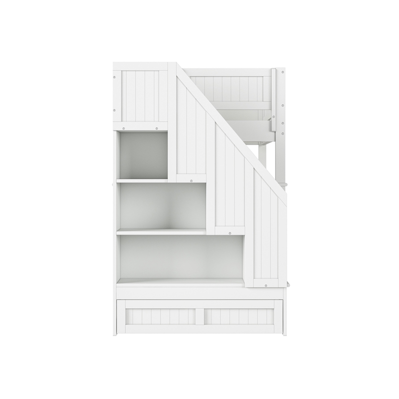 Dover Twin over Twin Wood Staircase Bunk Bed with Drawer & Trundle in White