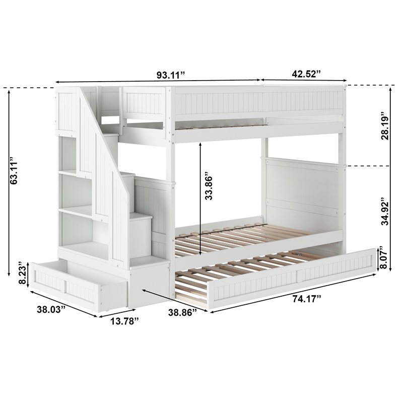 Dover Twin over Twin Wood Staircase Bunk Bed with Drawer & Trundle in White