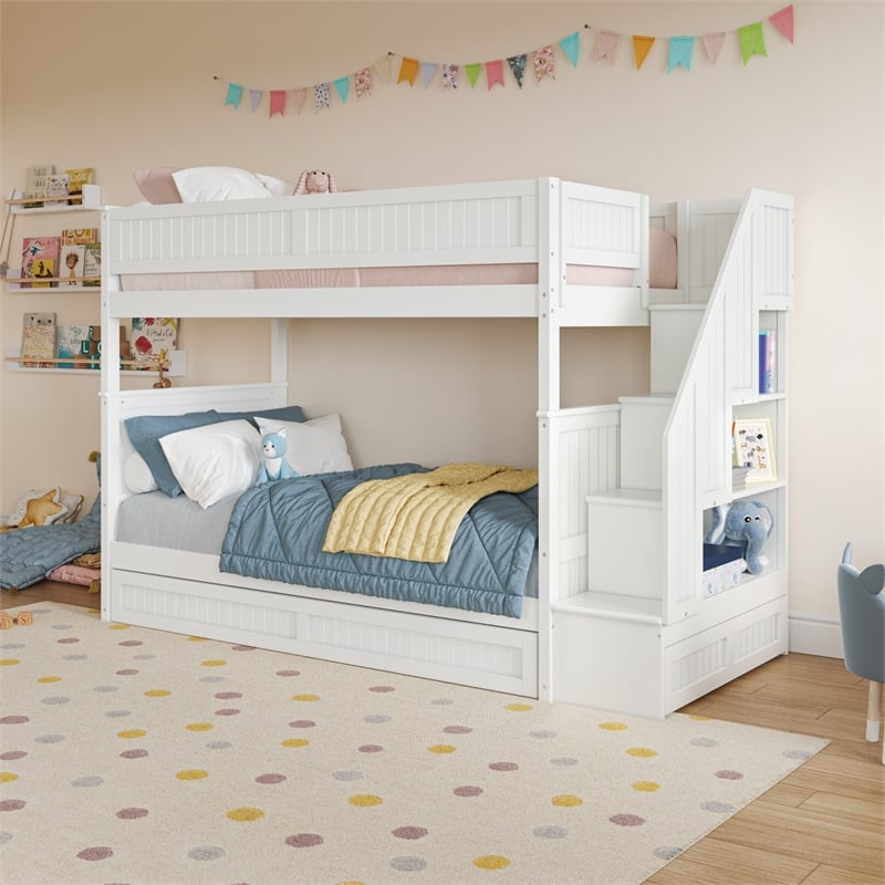 Dover Twin over Twin Wood Staircase Bunk Bed with Drawer & Trundle in White