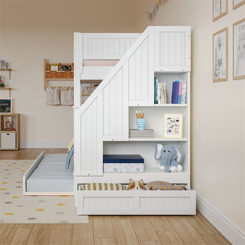 Dover Twin over Twin Wood Staircase Bunk Bed with Drawer & Trundle in White