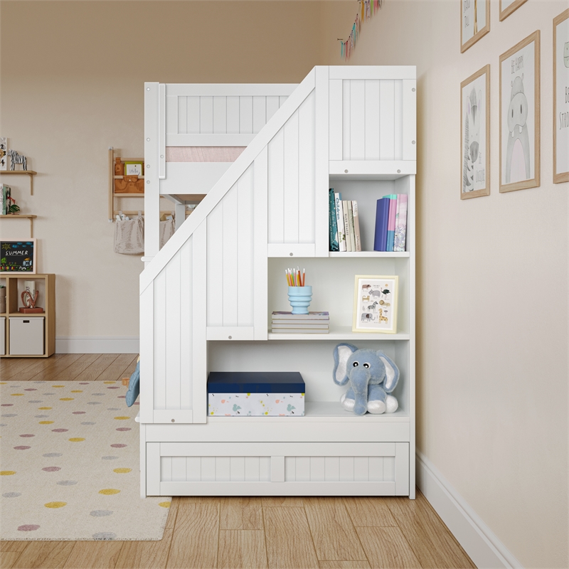 Dover Twin over Twin Wood Staircase Bunk Bed with Drawer & Trundle in White