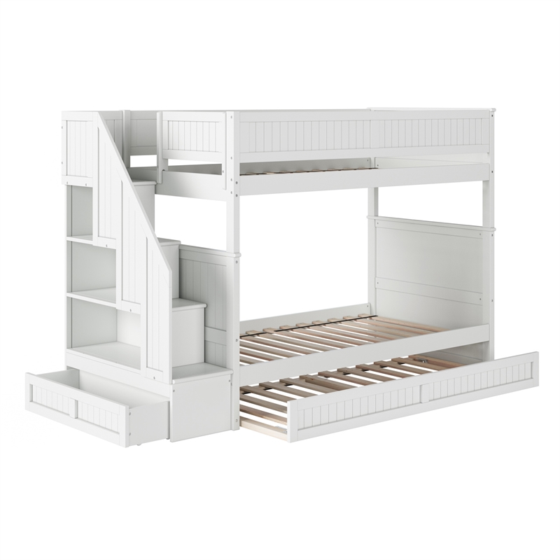 Dover Twin over Twin Wood Staircase Bunk Bed with Drawer & Trundle in White