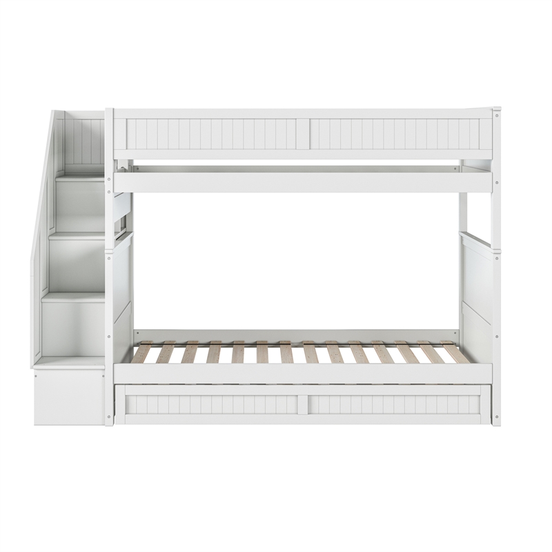 Dover Twin over Twin Wood Staircase Bunk Bed with Drawer & Trundle in White